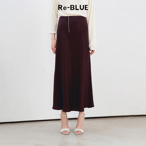 Re-BLUE铜氨丝A摆显瘦斜裁半裙