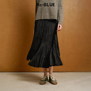 简约通勤百搭松弛感打褶A字裙 BLUE轻奢优雅女装