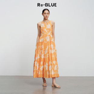 度假连衣裙 艺术印花挂脖无袖 BLUE轻奢优雅女装