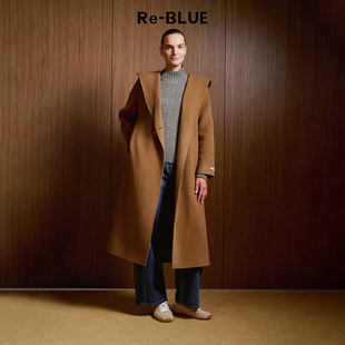 Re-BLUE轻奢优雅女装简约复古通勤直身连帽羊绒双面呢大衣