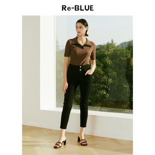 POLO衫 知性气质大翻领复古罗纹针织修身 BLUE 上衣 轻奢优雅女装