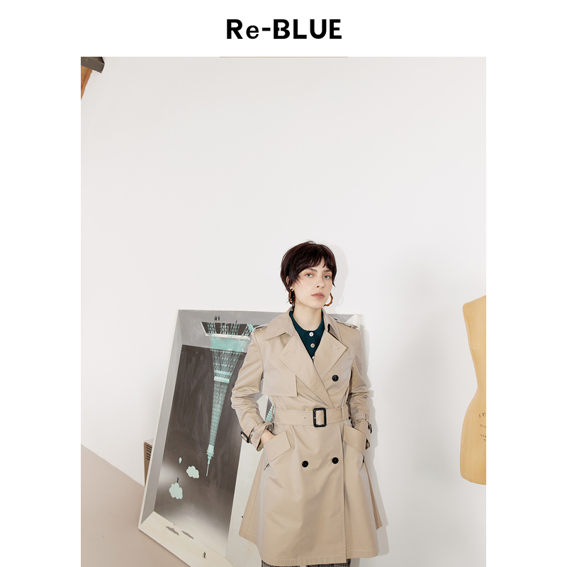 Re-BLUE双排扣翻领中长款外套