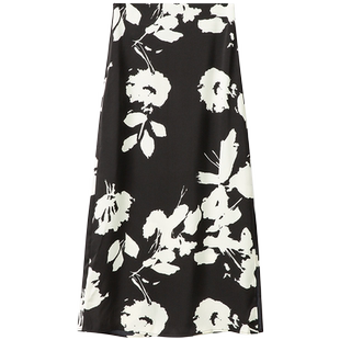 Re-BLUE轻奢优雅女装显瘦直筒裙黑色印花半身裙