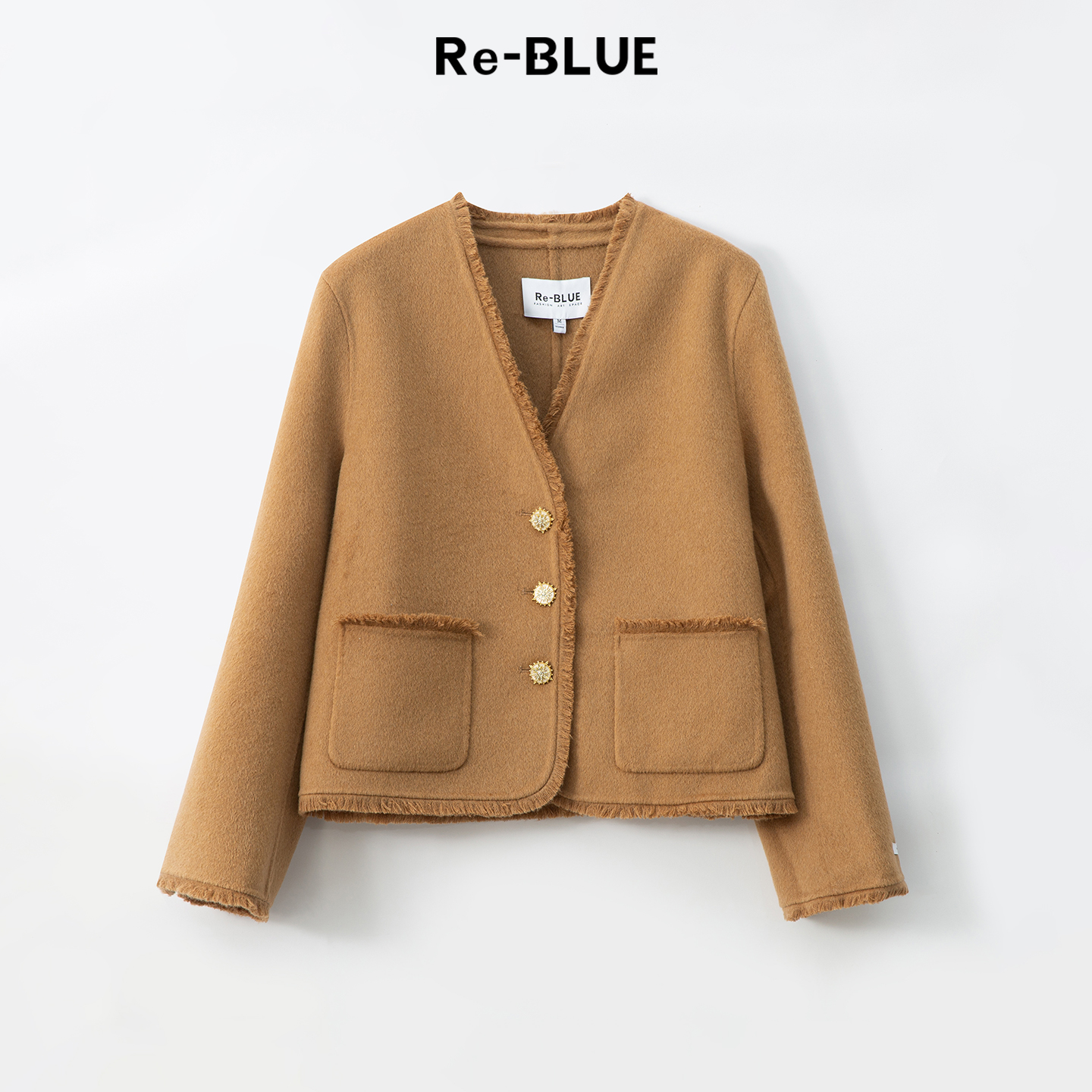 Re-BLUE绵羊毛小香风毛边呢外套