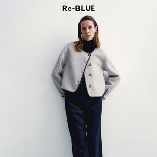 复古简约PU包边羊毛双面呢大衣气质短外套 BLUE轻奢优雅女装