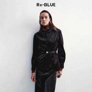 Re-BLUE轻奢优雅女装复古翻领仿鳄鱼皮衬衫外套