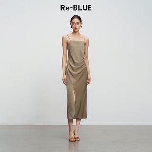 捏褶平口抹胸垂感缎面吊带连衣裙 修身 BLUE轻奢优雅女装