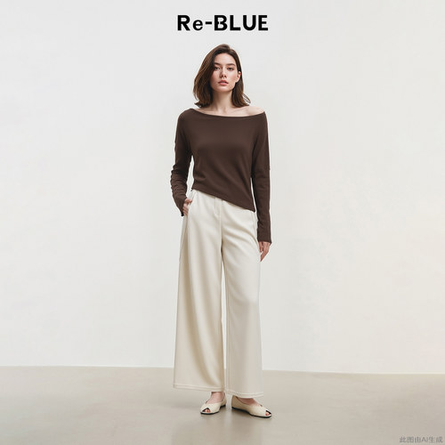 Re-BLUE一字肩斜领长袖T恤上衣