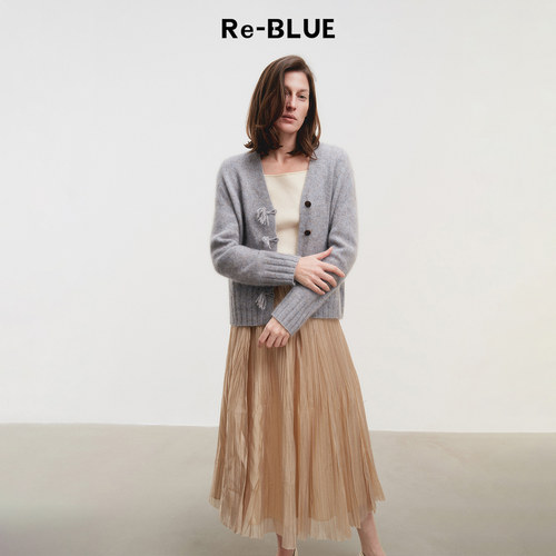 Re-BLUE长袖加花流苏扣针织开衫