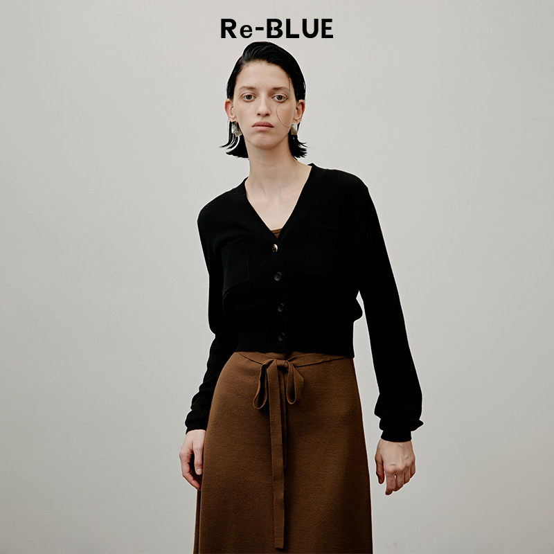 Re-BLUE轻奢优雅女装口袋V领微宽松针织上衣,女装/女士精品,毛针织衫,淘宝优惠券,粉丝福利购,淘宝优惠卷