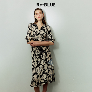 大气柔美V领春晓海棠印花茶歇裙 BLUE轻奢优雅女装