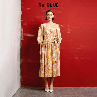 度假风秋日棕榈印花V领茶歇连衣裙 BLUE轻奢优雅女装