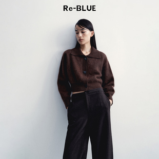 针织上衣毛衣 复古慵懒大翻领拉毛肌理感短款 BLUE轻奢优雅女装