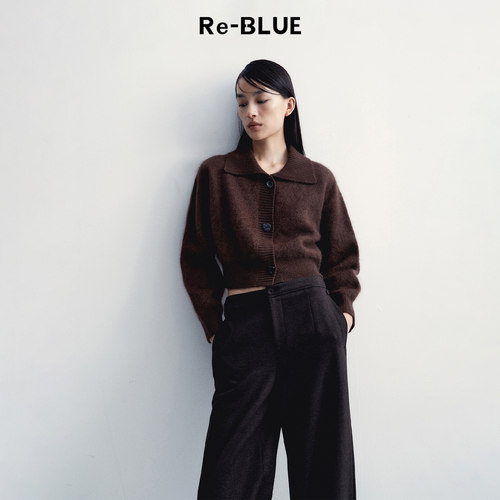 Re-BLUE翻领拉毛肌理感短款针织