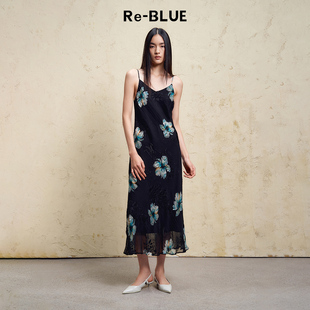BLUE轻奢优雅女装 斜裁蓝花桑蚕丝吊带连衣裙 陈妍希同款