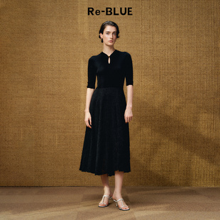 盘扣剪花羽感针织拼接连衣裙 轻中式 BLUE轻奢优雅女装