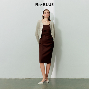 Re-BLUE轻奢优雅女装经典方领收腰显瘦吊带连衣裙