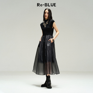 简约通勤显瘦设计感针梭拼接连衣裙 BLUE轻奢优雅女装