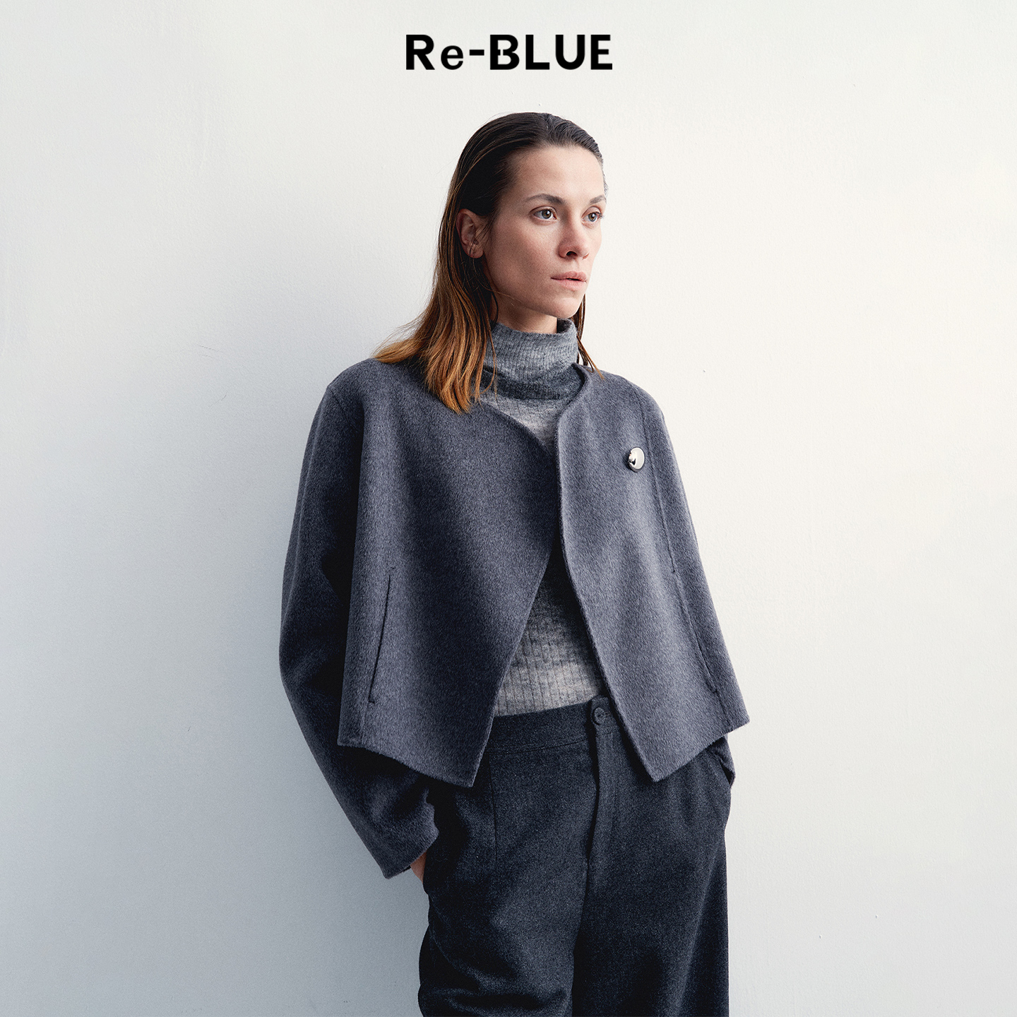 Re-BLUE优雅羊毛羊绒毛呢外套