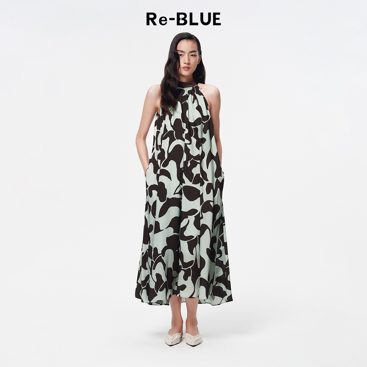 Re-BLUE轻奢法式浪漫挂脖连衣裙