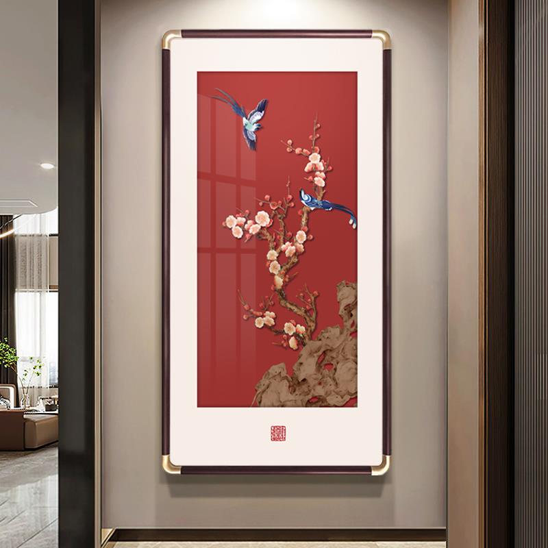 喜上眉梢玄关装饰画新中式竖版寓意好花鸟挂画走廊过道圆角壁画