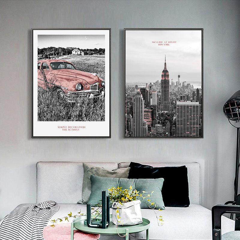 建筑巴士汽车城市风景装饰画工业风格客厅三联画挂画纽约帝国大厦,家居饰品,现代装饰画,淘宝优惠券,粉丝福利购,淘宝优惠卷