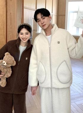 男CaCa休闲运动加厚拉链情侣睡衣立领女套装家居服羊羔绒外穿冬季