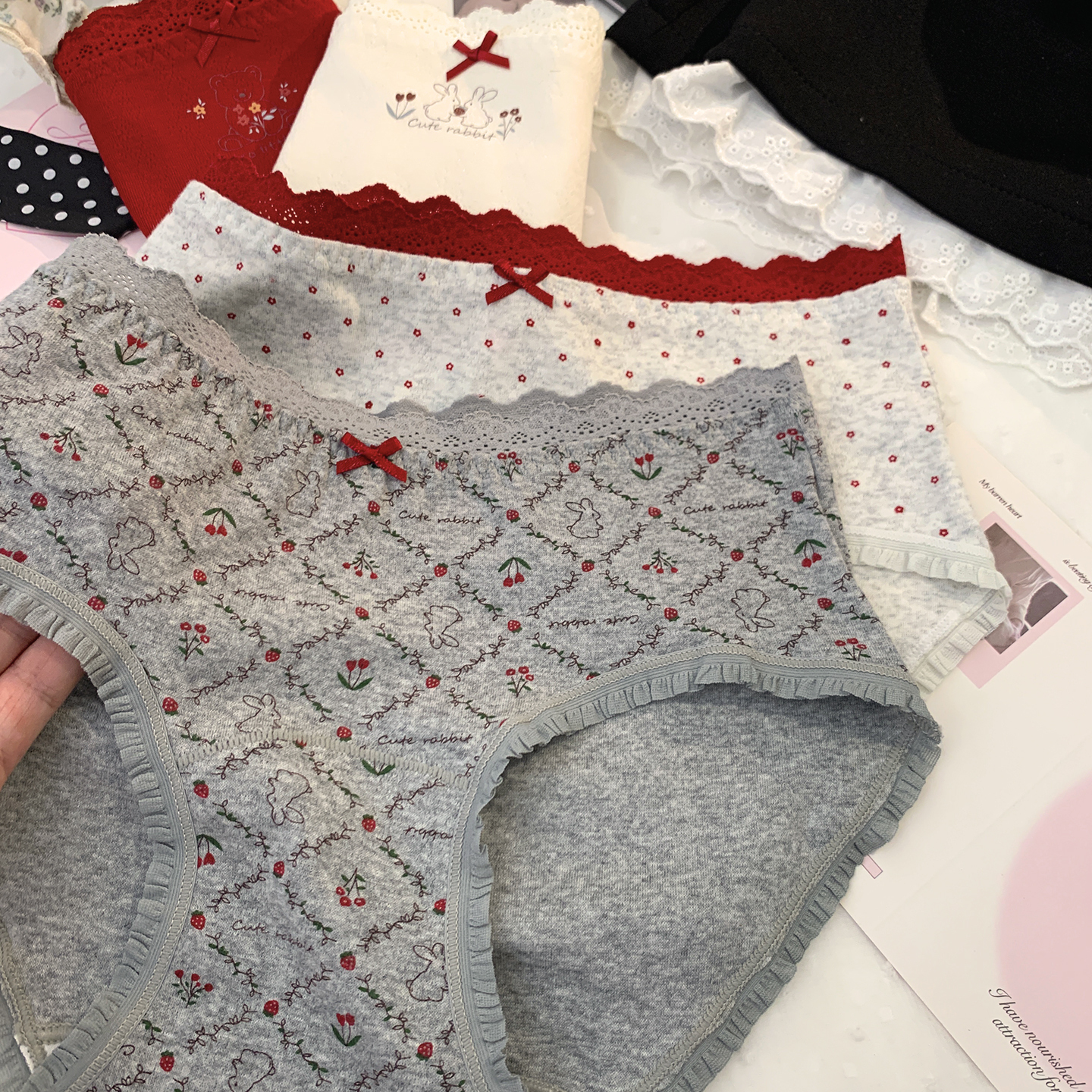 甜美蕾丝纯棉抗菌加长三角裤中腰