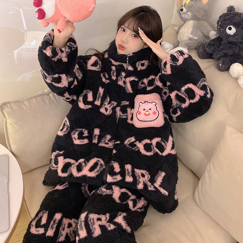 loopy露比睡衣女款秋冬季珊瑚绒三层夹棉加厚加绒保暖家居服套装