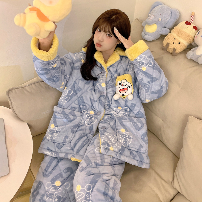 哆啦A梦睡衣女冬季三层夹棉袄珊瑚绒加绒加厚保暖家居服湖南省服