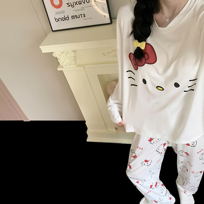 HelloKitty睡衣女新款春秋季长袖卡通可爱带胸垫奶fufu家居服套装