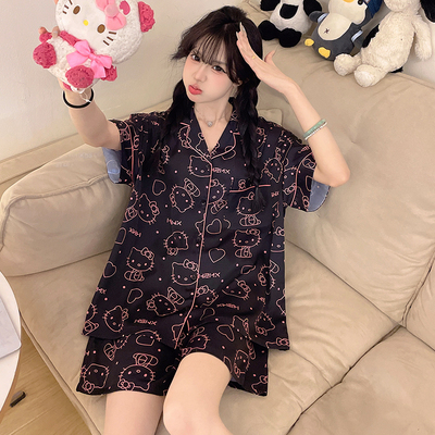 hellokitty可爱睡衣女士夏季冰丝绸短袖凯蒂猫黑色家居服套装夏天
