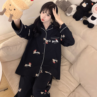 卡通可爱腊肠狗纯棉睡衣女春秋季长袖黑色布料100全棉家居服套装