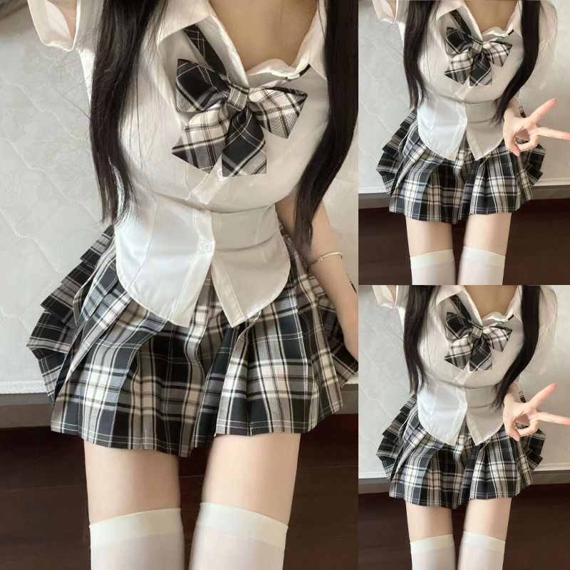 原创jk制服套装女学生校服纯欲风衬衫收腰显瘦JK衬衣百褶裙两件套
