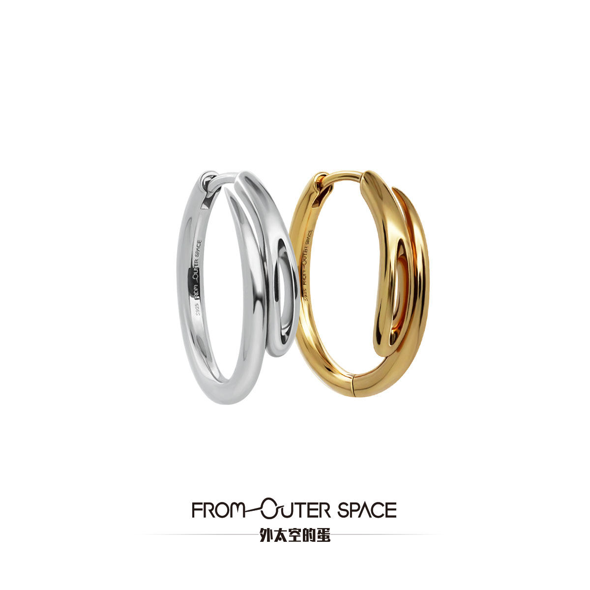 FOS纯银新款潮流别针耳环 轻奢小众设计简约大气耳扣金色复古耳饰