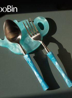 HooBin 冰川叉子勺子套装 亚克力流光泽 通透湖蓝色金属质感餐具