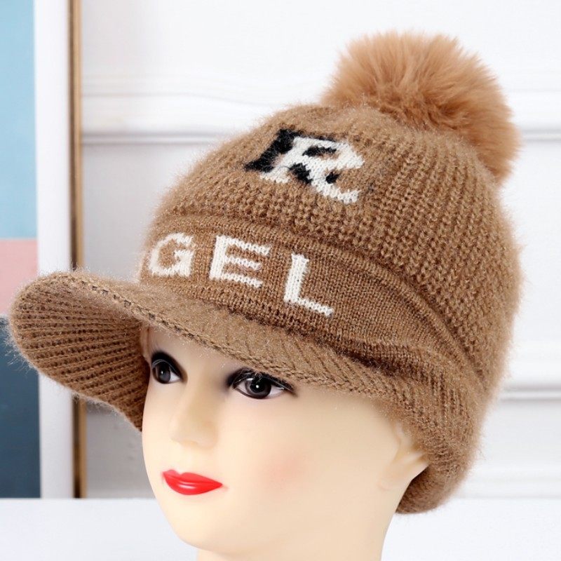 冬季帽子女加绒加厚保暖护耳鸭舌针织帽潮骑车防寒毛线帽大帽檐
