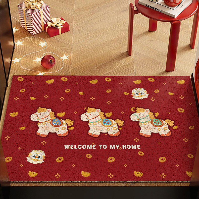 新年小马入户门喜庆地垫红色丝圈进门脚垫玄关家用耐脏除尘地毯子,居家布艺,入户地垫,淘宝优惠券,粉丝福利购,淘宝优惠卷