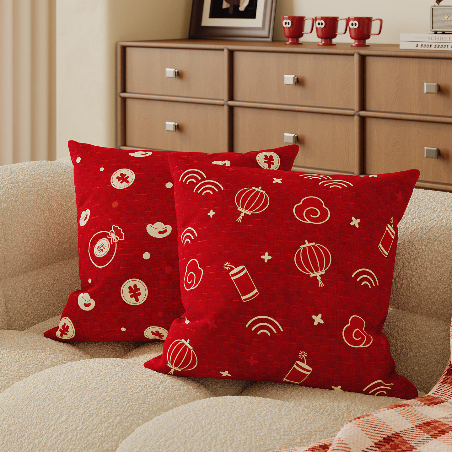 小熊新年抱枕套客厅沙发红色喜庆靠枕卧室床头装饰靠背含芯可拆洗,居家布艺,靠垫/抱枕,淘宝优惠券,粉丝福利购,淘宝优惠卷