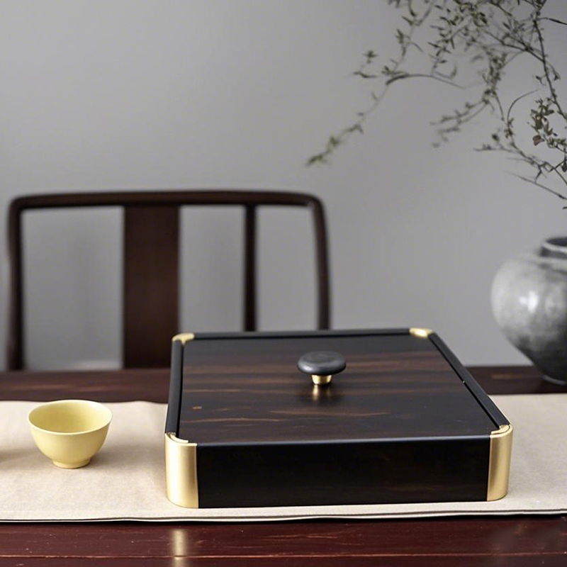 紫光檀铜角茶饼盒茶具茶盘收纳盒