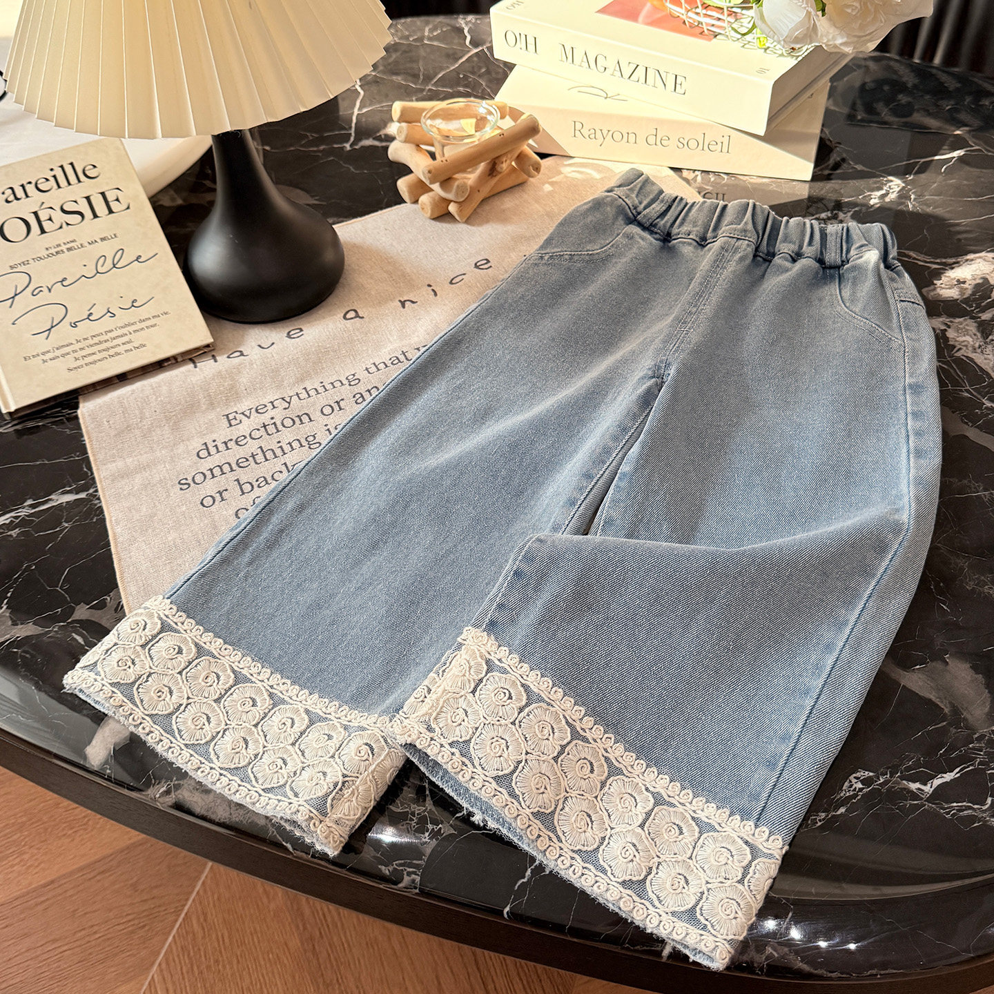 女童韩版牛仔裤春秋季新款小女孩时尚洋气花边直筒裤秋装休闲裤潮