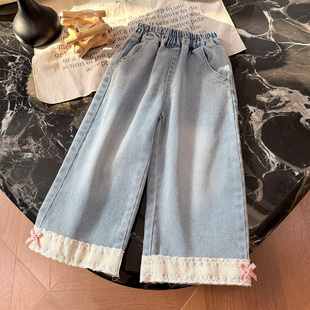 女童花边蝴蝶结牛仔裤 韩版 女宝宝时尚 儿童洋气裤 潮 春季 子童装 新款