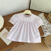 新款 女宝宝休闲品质童装 时尚 衬衫 潮 洋气娃娃领淡紫色短袖 女童夏季