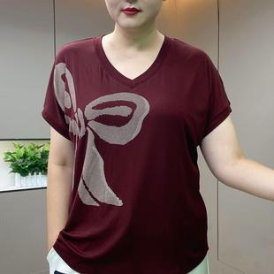 鸡心领设计感短袖 2025夏季 大码 新款 T恤女减龄印花上衣 中年妈妈装