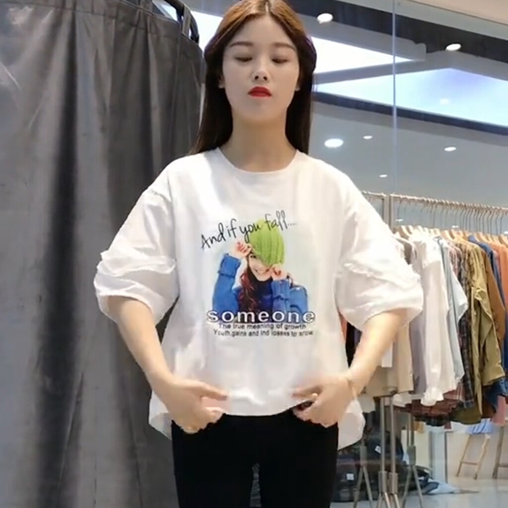 圆领印花木耳边半袖T恤女2025夏季新款宽松减龄百搭前短后长上衣