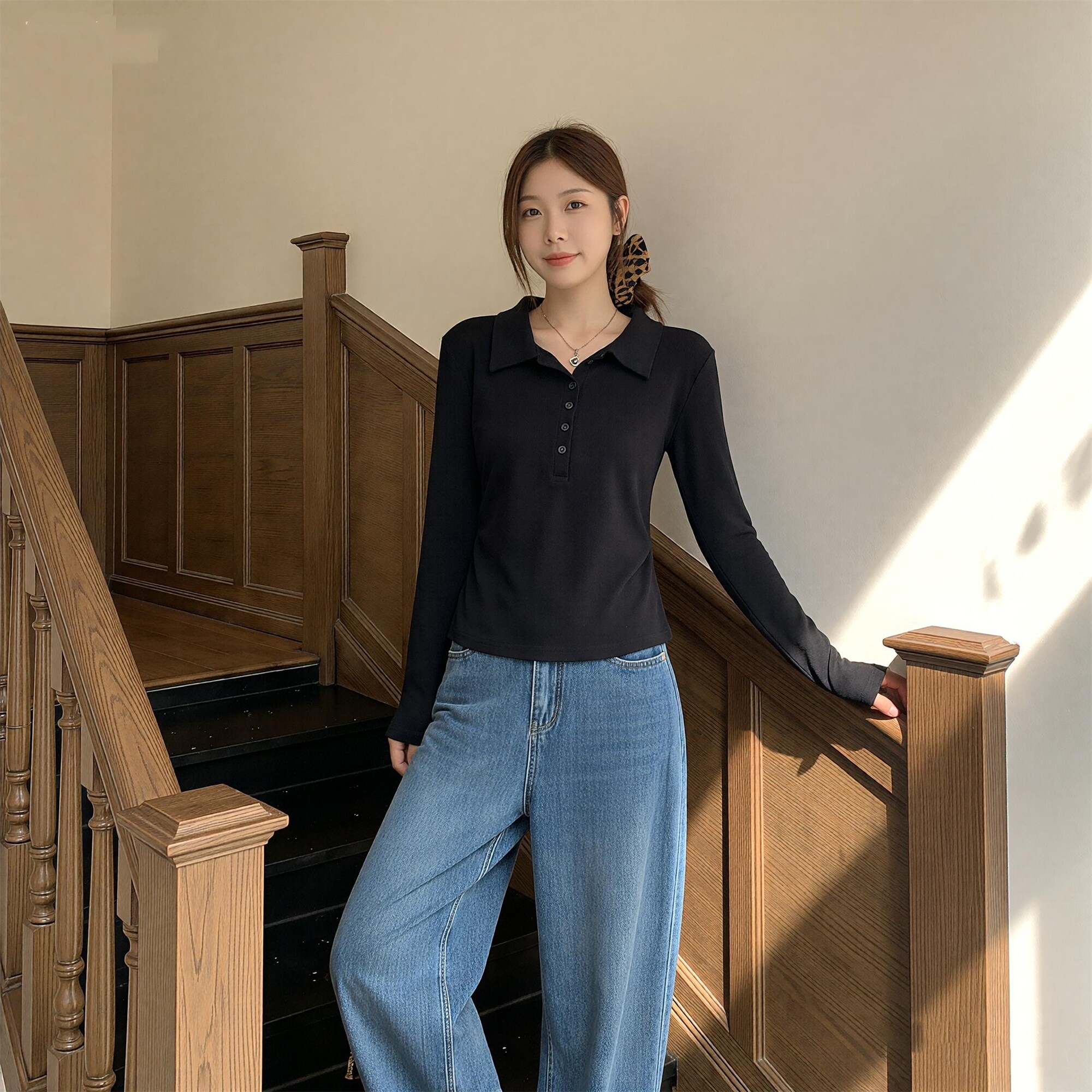 设计感polo领正肩胖MM大码显瘦遮肚秋季长袖t恤女不规则辣妹上衣