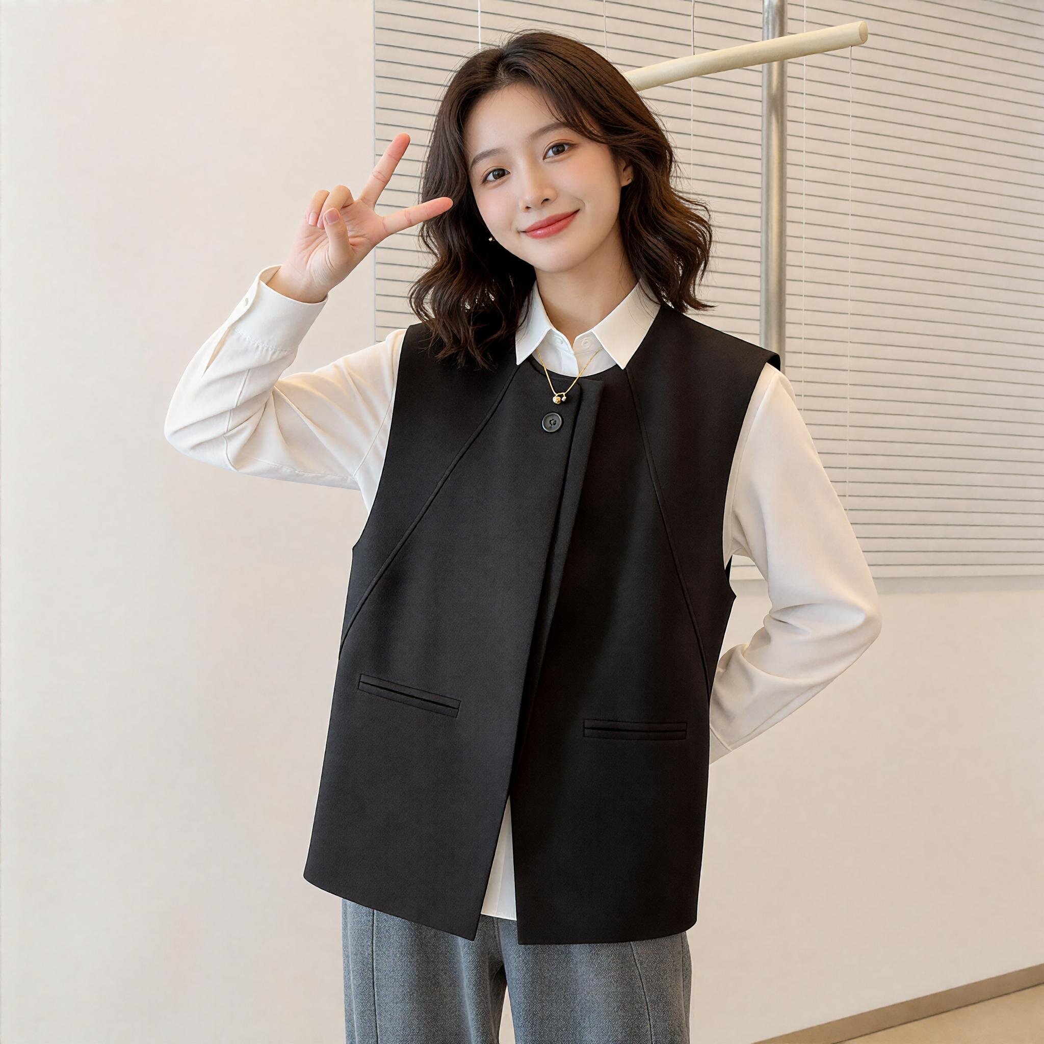 法式洋气女士西服马夹2026春秋新款宽松西装圆领马甲背心外穿上衣