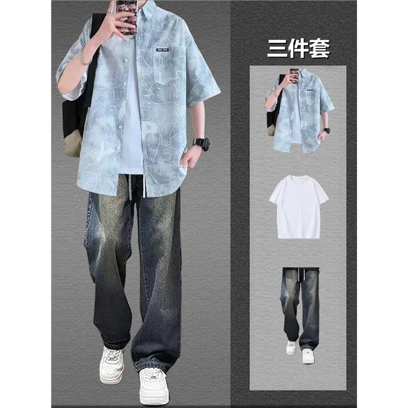 衬衣衬衫夏季短袖港风男穿宽松青少年痞帅潮流外套搭套装男牛仔裤
