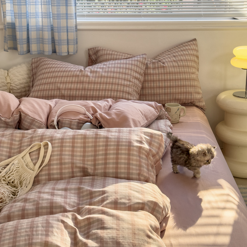 日式ins简约豆沙粉小格子床上四件套水洗棉1.8床单被套学生三件套