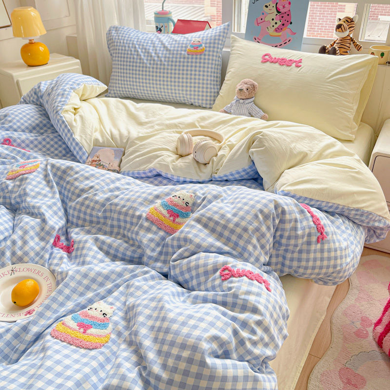 少女心蓝格黄蛋糕猫咪床单四件套